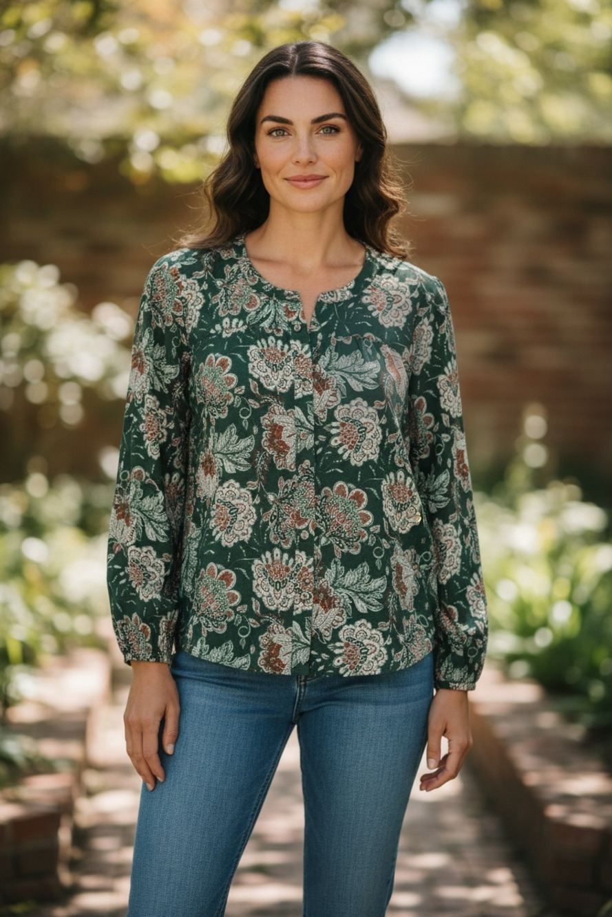 LOFT Outlet Green Floral Print Button-Front Long Sleeve Blouse Oversized